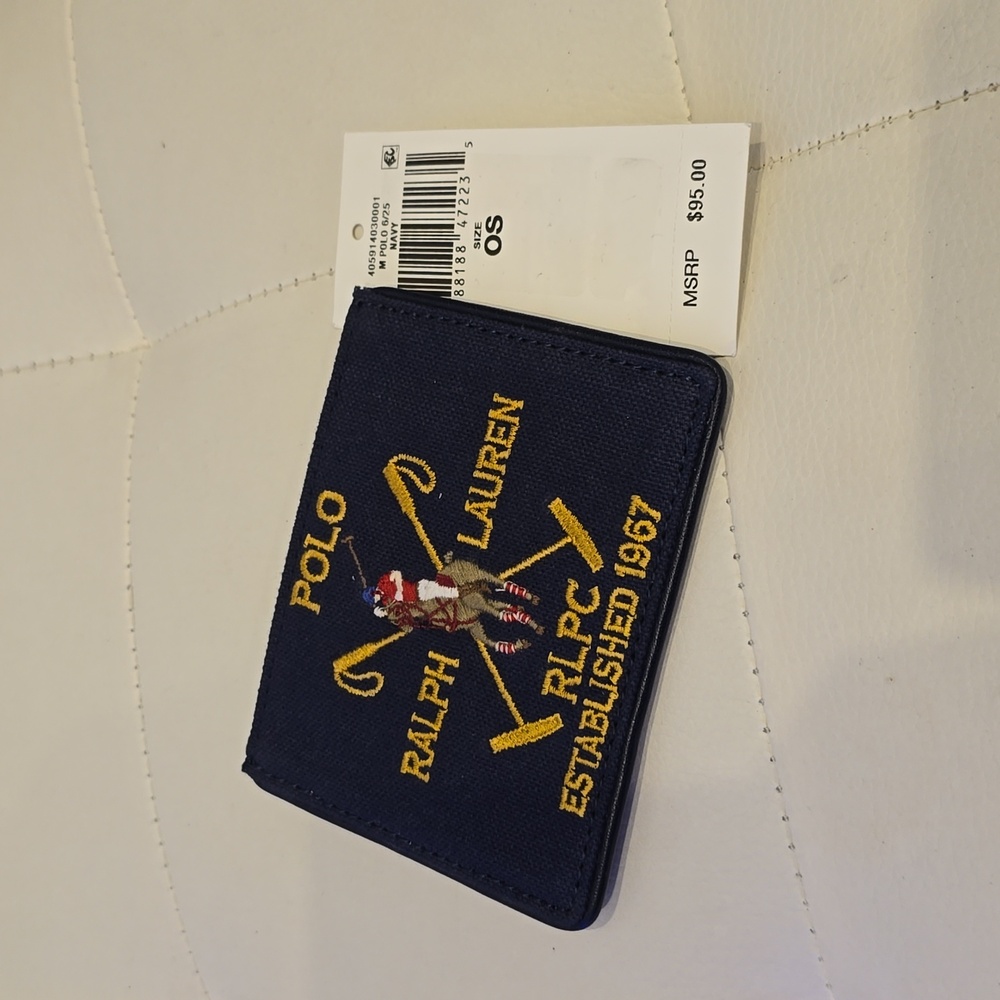 Ralph lauren polo navy blue canvas leather plaid wallet new mans $95 Embroidered